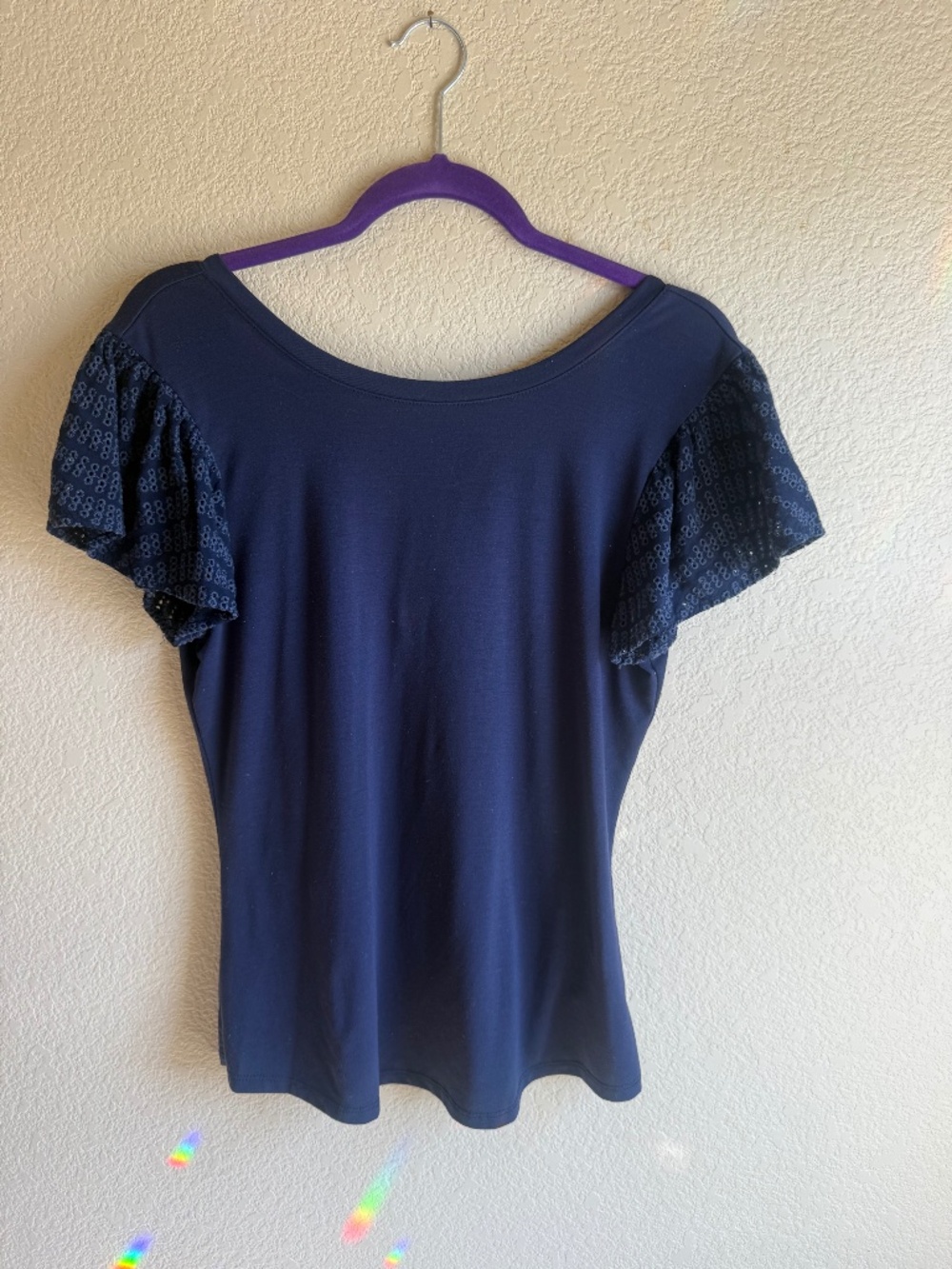 Hinge Navy Blue Eyelet Sleeve Scoop Neck Top Size S